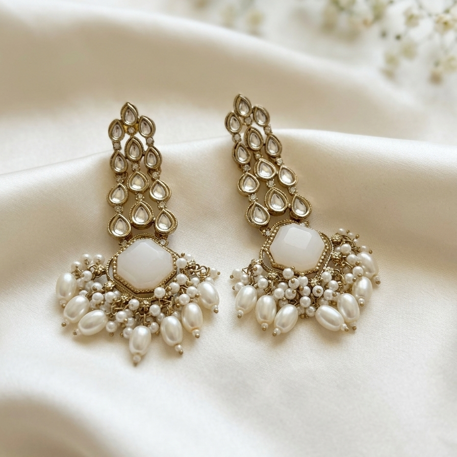 Aqua Pearl Cascade Chandbali Earrings