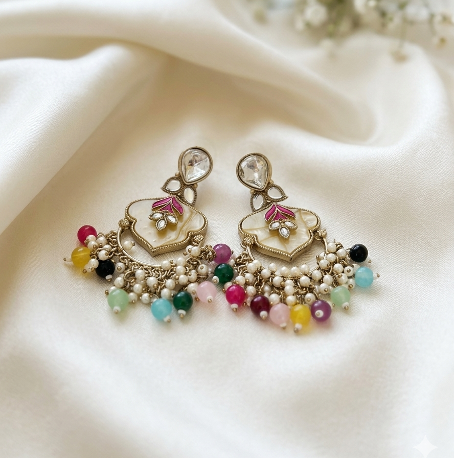 Multicolored Navratan- Chandbali Earrings
