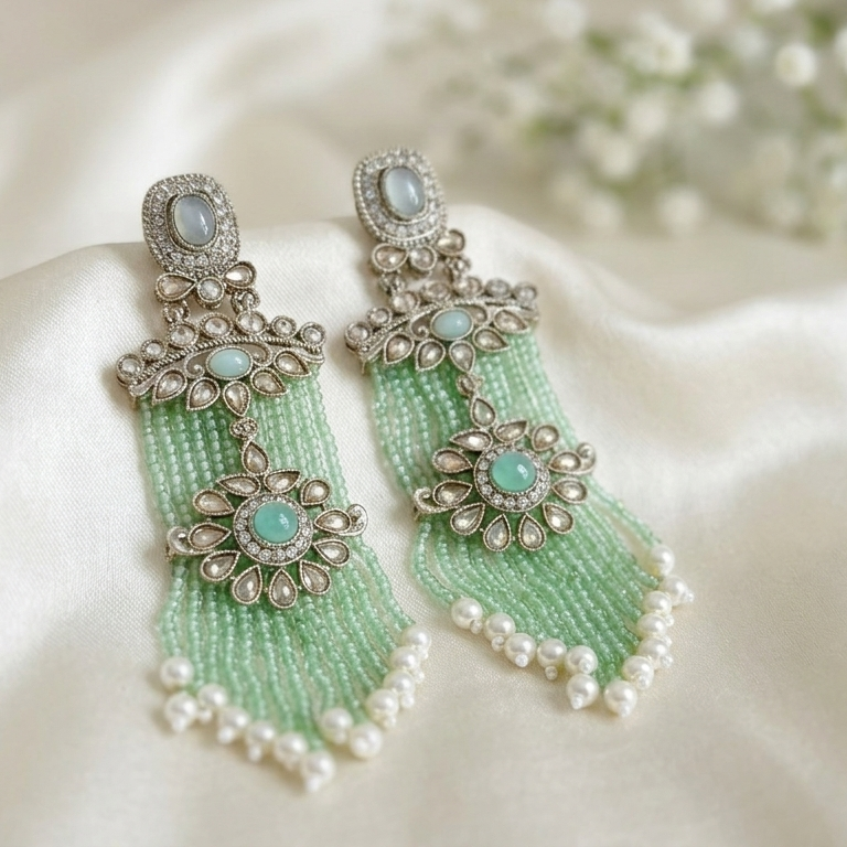 Mint & Silver Floral Statement Tassel Earrings