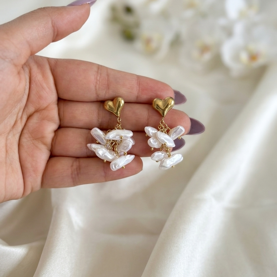 Golden Heart Pearl Cascade Earrings