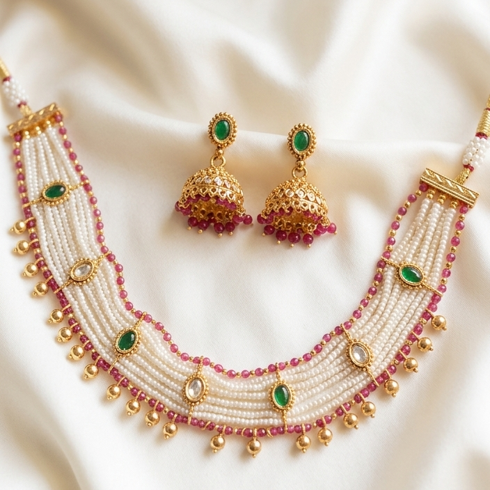 Emerald & Ruby Bead Multi-Strand Choker Set