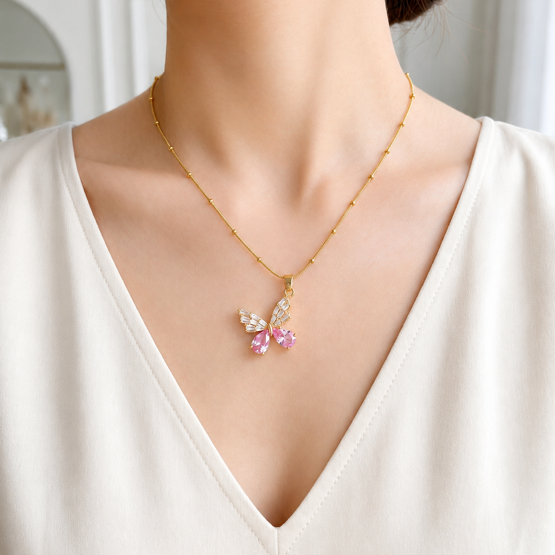 Fluttering Pink Butterfly Pendant Chain