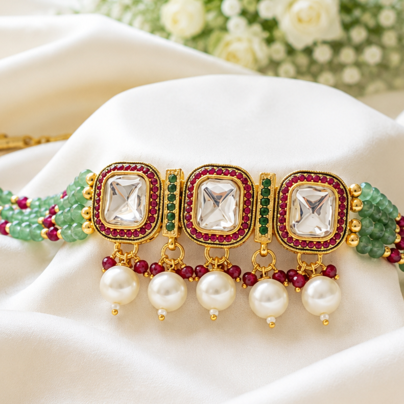 Regal Emerald & Kundan Fusion Choker Set