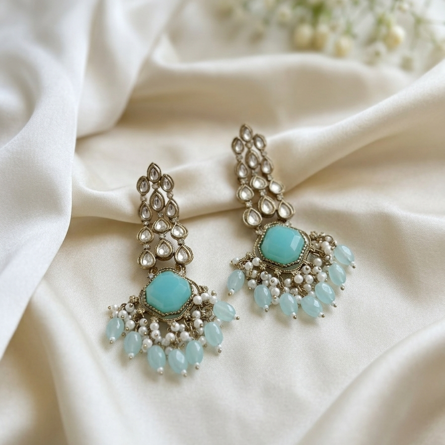 Aqua Pearl Cascade Chandbali Earrings