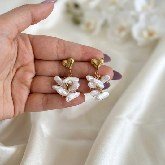 Golden Heart Pearl Cascade Earrings