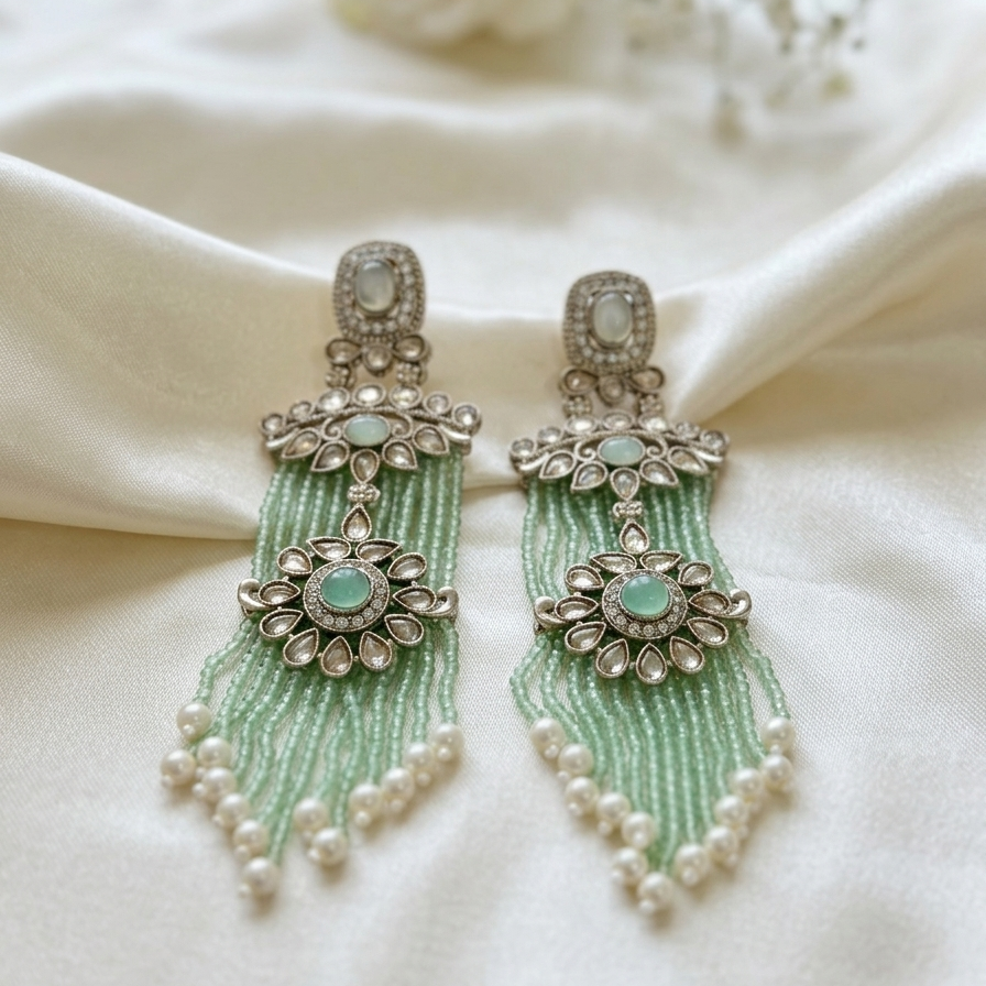 Mint & Silver Floral Statement Tassel Earrings