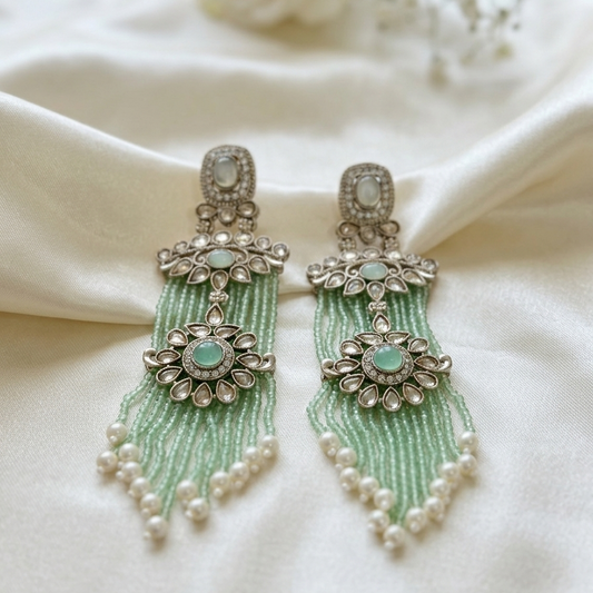 Mint & Silver Floral Statement Tassel Earrings