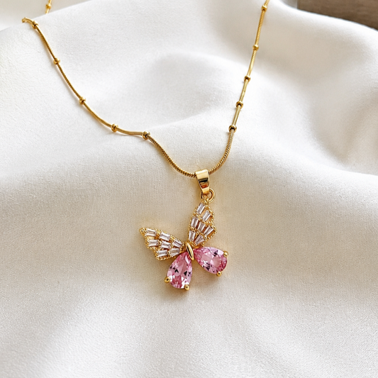 Fluttering Pink Butterfly Pendant Chain