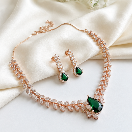 Rose Gold Emerald Leaf Statement Set